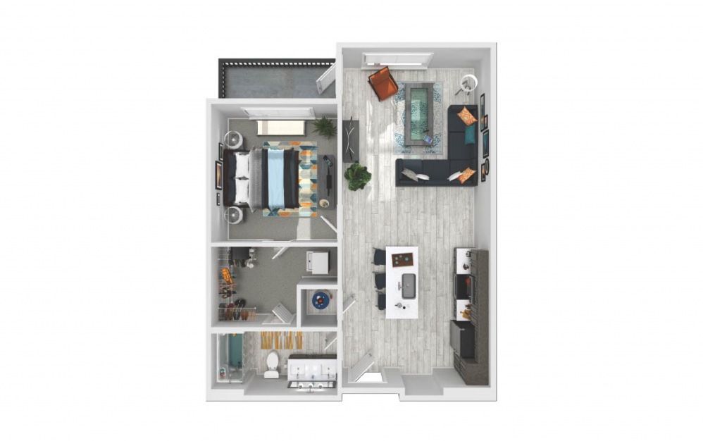 Pullman B - 1 bedroom floorplan layout with 1 bath and 742 square feet.