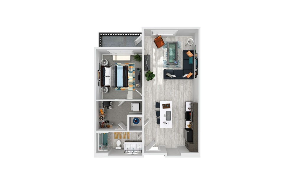 Pullman A - 1 bedroom floorplan layout with 1 bath and 757 square feet.