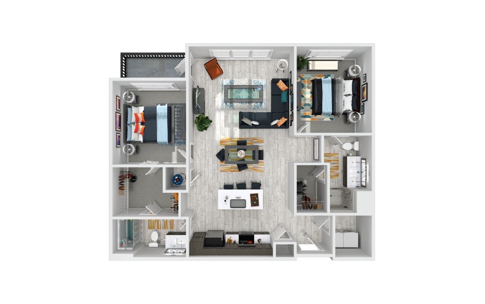 Sassafs A - 2 bedroom floorplan layout with 2 baths and 1172 square feet.