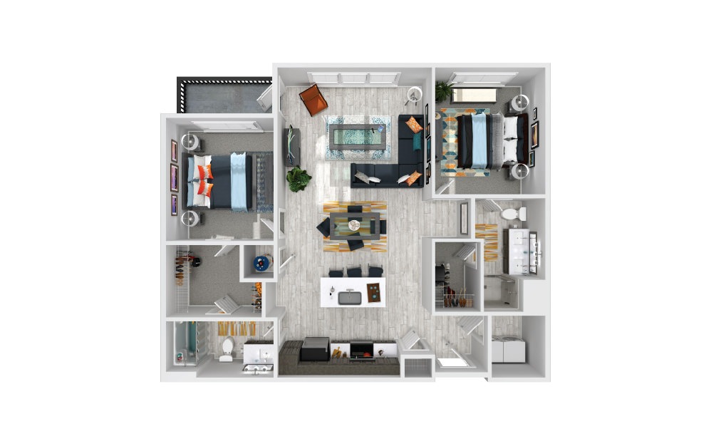 Sassafs B - 2 bedroom floorplan layout with 2 baths and 1165 square feet.